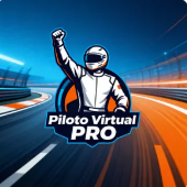 Guia de Pilotagem - Capítulo 1: O Segredo para Melhorar seu Tempo de Volta e Sair do Platô Logotipo do treinamento Piloto Virtual PRO apresentando a ilustração de um piloto de capacete branco com o punho erguido em sinal de vitória, posicionado sobre uma pista de corrida em perspectiva com efeito de velocidade (motion blur). O design utiliza cores azul e laranja vibrantes, reforçando o foco em performance e resultados no automobilismo virtual.