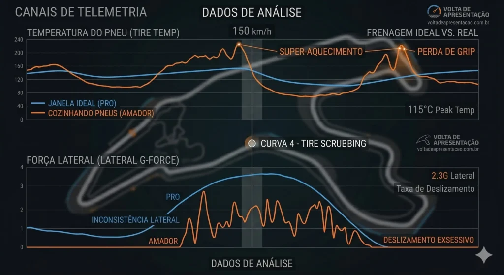 Análise técnica de telemetria de pneus para automobilismo virtual. O infográfico compara gráficos de dois pilotos na mesma curva. A parte superior foca na 