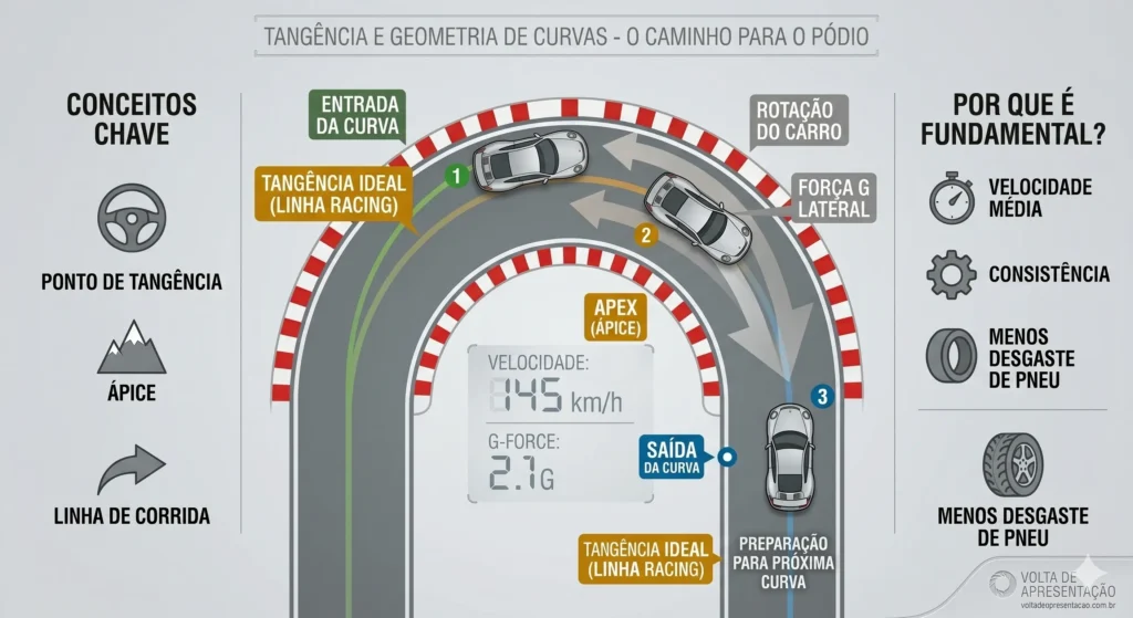 Guia de Pilotagem - Capítulo 1: O Segredo para Melhorar seu Tempo de Volta e Sair do Platô Diagrama visual ilustrando os conceitos de tangência ideal (Racing Line) e geometria de curvas no automobilismo virtual. O infográfico identifica os pontos de Entrada, Ápice (Apex) e Saída, e compara a linha ideal (verde) com uma linha errada (amarela), demonstrando como um erro na geometria força uma frenagem maior e reduz a aceleração na saída da curva.