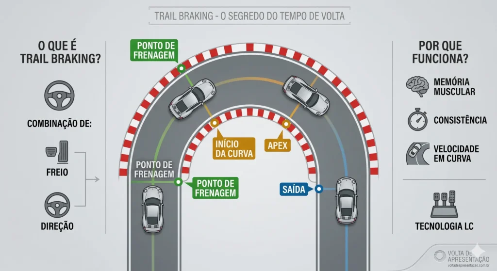 Guia de Pilotagem - Capítulo 1: O Segredo para Melhorar seu Tempo de Volta e Sair do Platô Infográfico técnico comparativo mostrando a visão superior de um carro de corrida aplicando a técnica de Trail Braking em uma curva. O diagrama visual ilustra a redução gradual da pressão do freio (barras coloridas) enquanto a direção é aplicada para o ápice, com um gráfico inferior explicando a combinação (Blending) de menos freio e mais direção para maximizar a rotação do carro